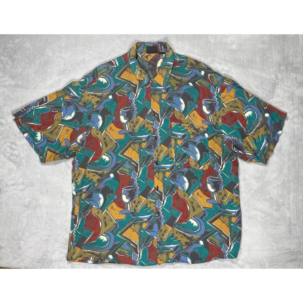 Vintage Bon Homme Button Up Shirt Men L Multicolor Abstract Print Made In USA